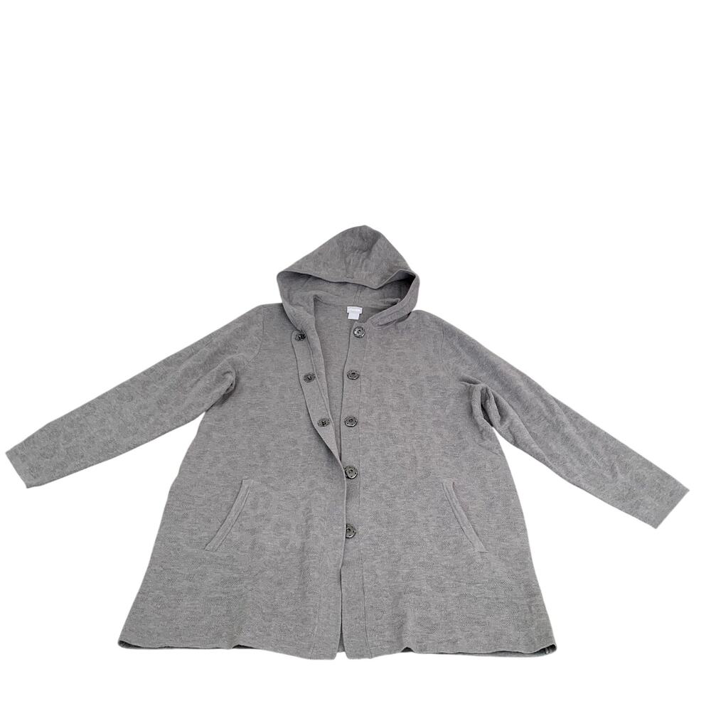 Chicos Long Gray Tonal Animal Print Hoodie Sweater/Coat Size L  NWOT